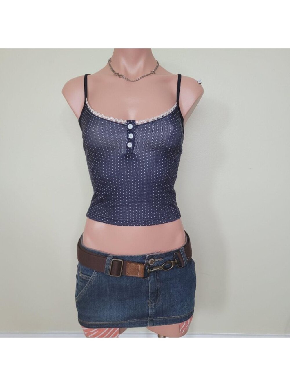 Coquette Polka Dot Lace Trim Henley Cropped Tank Top (S)